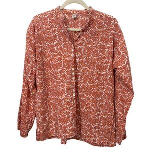 SUDHA Pink/Red Long Sleeve‎ Button Down Shirt with Mandarin Collar 100% Cotton